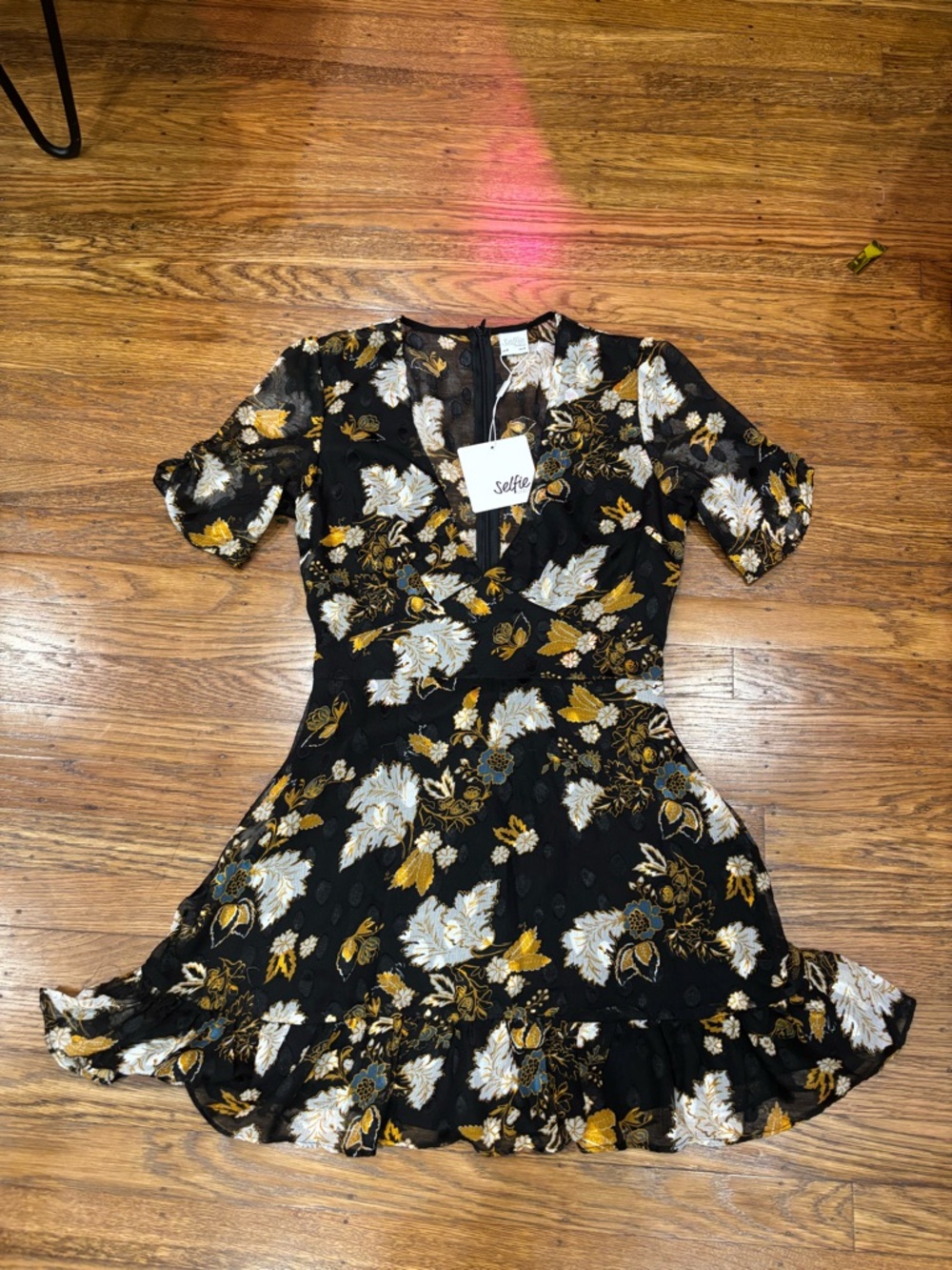 Selfie Leslie Black Floral Wrap Dress with Gold & White Accents